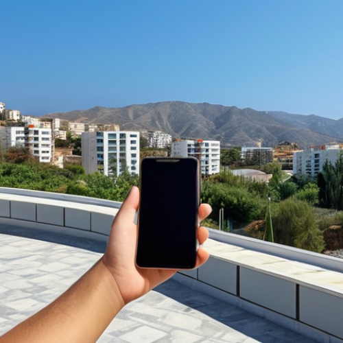 Home 11 A young person in Northern Cyprus using a smartphone to manage a successful online business, with modern buildings and clear skies in the background.