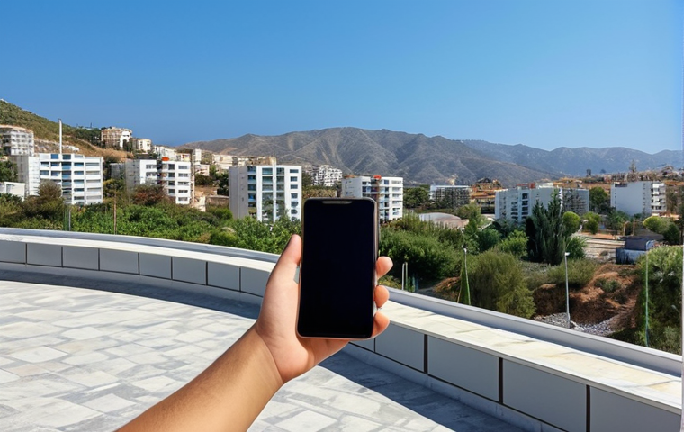 A young person in Northern Cyprus using a smartphone to manage a successful online business, with modern buildings and clear skies in the background.