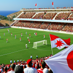 **

"A vibrant football match in North Cyprus. Focus on the enthusiastic fans in the stadium, cheering and waving flags. Show the cultural atmosphere, with traditional elements mixed with modern football excitement. Include the stadium backdrop showcasing the North Cyprus landscape."

**