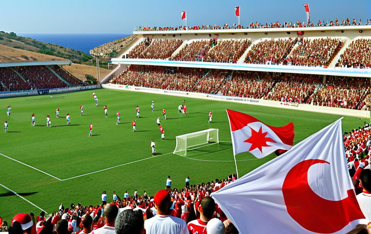 **
"A vibrant football match in North Cyprus. Focus on the enthusiastic fans in the stadium, cheering and waving flags. Show the cultural atmosphere, with traditional elements mixed with modern football excitement. Include the stadium backdrop showcasing the North Cyprus landscape."
**