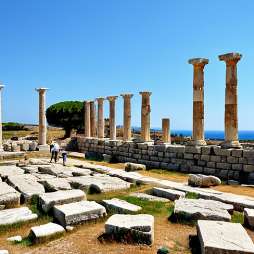 Home 7 Ancient Salamis**
"Ruins of Ancient Salamis, Cyprus. A vast archaeological site with columns, partial walls, and a distant Mediterranean Sea view. Daytime, clear sky, natural light. Focus on the historical architecture. Fully clothed tourists are observing the site in the background. Safe for work, appropriate content, perfect anatomy, natural proportions, family-friendly."
**