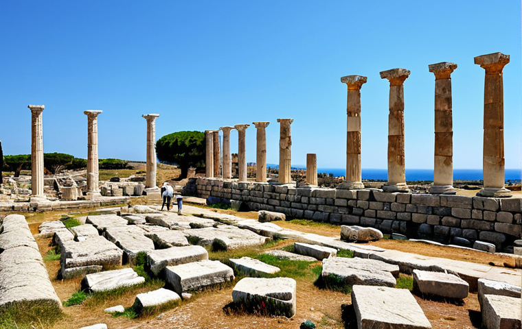 Ancient Salamis**

"Ruins of Ancient Salamis, Cyprus. A vast archaeological site with columns, partial walls, and a distant Mediterranean Sea view. Daytime, clear sky, natural light. Focus on the historical architecture. Fully clothed tourists are observing the site in the background. Safe for work, appropriate content, perfect anatomy, natural proportions, family-friendly."

**